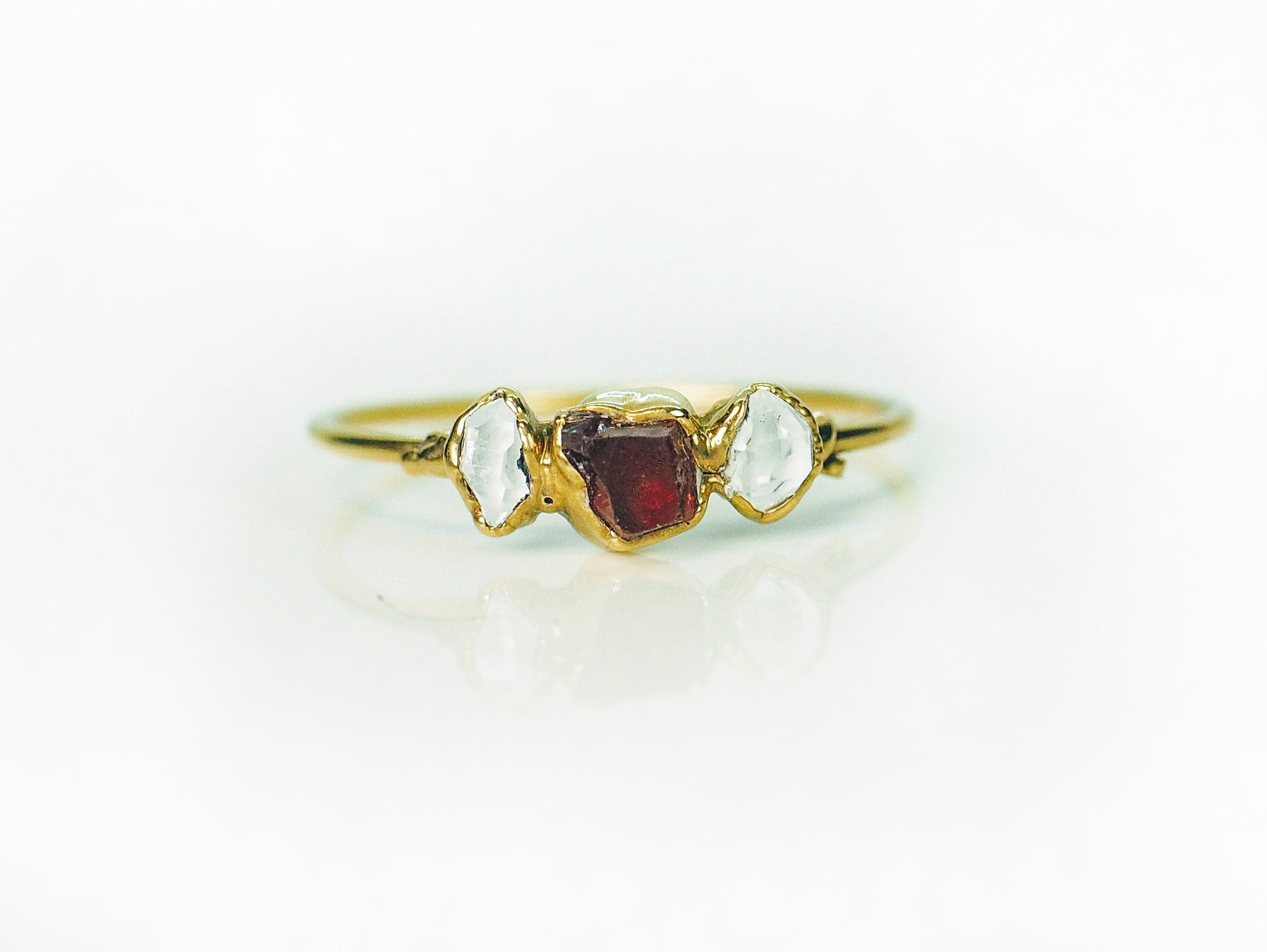 Raw Garnet ring Herkimer diamond ring January birthstone | Etsy