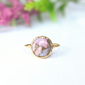Pink Opal Copper birthstone ring, Round Turquoise ring, Pink Opal Engagement ring, Gold Boho ring, Pink Promise ring, Valentine's Day Gift