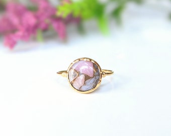 Pink Opal Copper birthstone ring, Round Turquoise ring, Pink Opal Engagement ring, Gold Boho ring, Pink Promise ring, Valentine's Day Gift