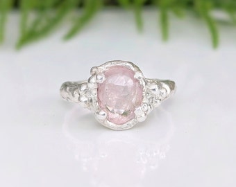 Pink Morganite ring, One of a kind gemstone ring, Unique engagement ring, Nature inspired Rustic Silver ring, Pink crystal ring Gift for her