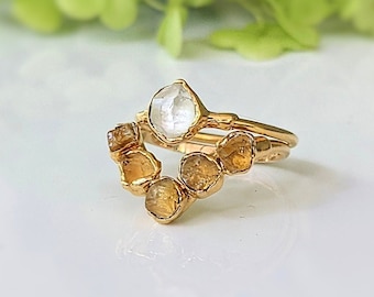 Raw Citrine and Herkimer diamond ring set, Raw diamond ring, Raw Citrine ring, Chevron ring, Alternative engagement ring Unique wedding ring