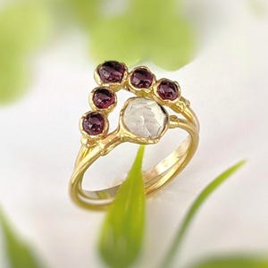 Ruby and Herkimer diamond wedding ring set, Gold Ruby ring, Raw diamond engagement ring, July birthstone ring, Unique Ruby engagement ring