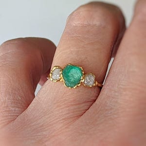 Raw Emerald and Diamond Ring: Solid 14k Gold May Birthstone