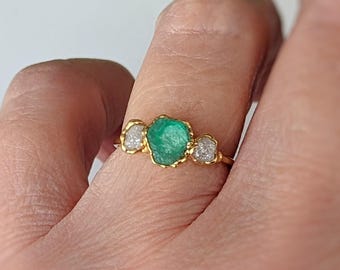 Raw Emerald and Diamond Ring: Solid 14k Gold May Birthstone