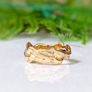 Solid Gold wedding band for men, Solid 14k Gold Molten ring, Liquid Metal ring, Unique Rustic wedding band, Wide Textured wedding ring