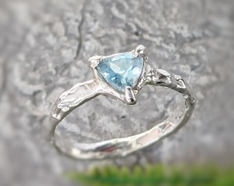 Solid Silver Aquamarine ring, Aquamarine engagement ring March birthstone ring Rustic Silver gemstone ring One of a kind Gift for girlfriend