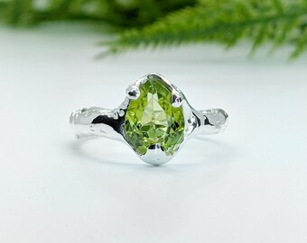 Pear shape Peridot ring, One of a kind gemstone ring, Rustic Silver ring, Green crystal ring August birthstone, Nature inspired ring for her