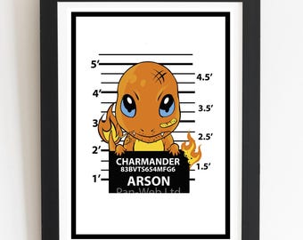 Charmander Mugshot Poster Anime Art Pokemon Cute Gaming Wall Art A3 Print