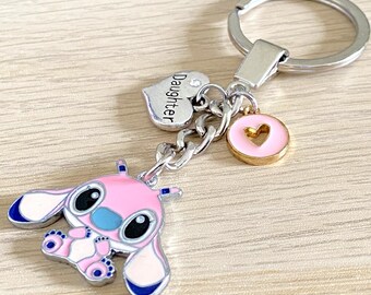 Lilo and Stitch Angel Charm Keyring with Daughter Heart Charm Keychain in Gift Bag Daughter Key Ring Stitch Bag Charm Girls Keyring Gift