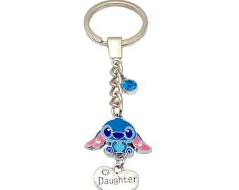 Stitch Keyring With Daughter Heart Charm Lilo & Stitch Keychain Gem Stones Daughter Charm Key Ring Gift.