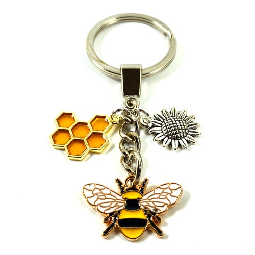 Honey Bee Keyring Gardening Bee Charm Keyring Sunflower Honeycomb Charm Keyring, Mothers day Gift, Garden Lover Keyring Nan Teacher Gift