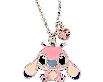 Angel Necklace Lilo and Stitch Charm Pendant Necklace with Acrylic Gem Stone Girls 18" Costume Jewellery