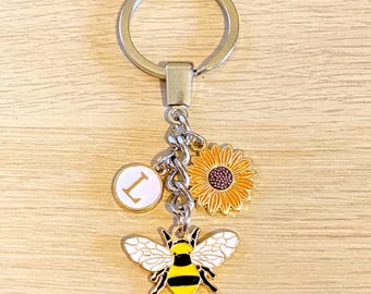 Bee and Sunflower Keyring Personalised Keychain Initial Birthday Gift For Friend Mum Nan Daughter
