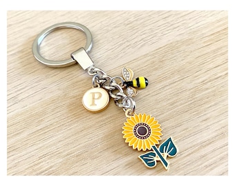 Sunflower and Bee Keyring Sunflower Personalised Keychain