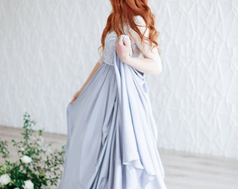 SALE Dusty Blue wedding dress, Silk wedding dress with sleeves and handmade embroidery