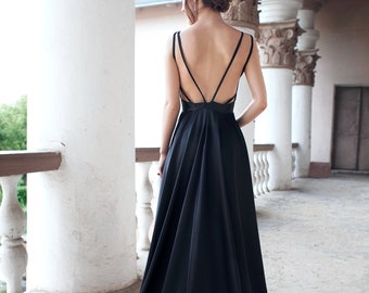 Black wedding dress, Silk satin wedding dress, Gothic bridal gown, simple black  dress