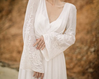 Ivory simple wedding dress, Embroidered wedding dress with bell sleeves, floral wedding dress boho, Gauze cotton wedding dress