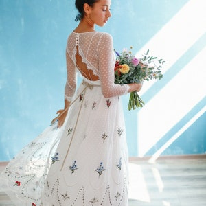 Polka dot wedding dress, Lace wedding dress, Spring and summer wedding dress with open back and sleeve