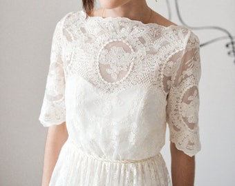 Cotton lace ivory wedding dress, vintage bohemian dress