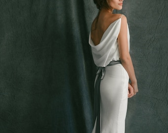 Minimalist elegant wedding dress, Simple sleeveless dress, mermaid wedding dress, Cowl wedding dress, Open Back, long train bridal gown