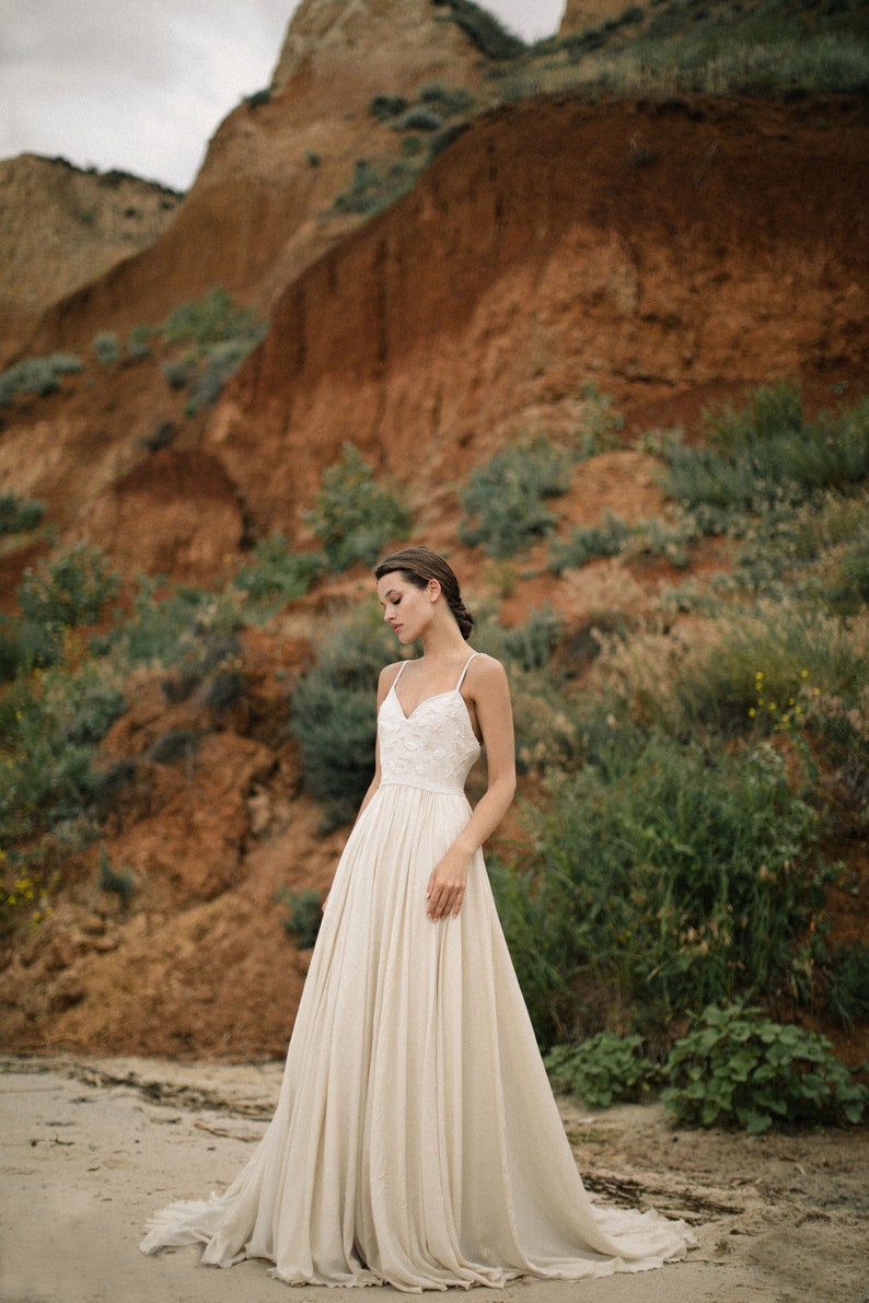 Linen wedding dress with handmade embroidery, ethereal wedding dress, rustic wedding dress, cotton wedding dress, eco friendly wedding dress image 2