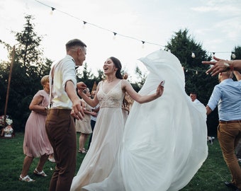 Ethereal wedding dress, beaded lace wedding dress, ivory wedding gown with sheer topper for whimsical boho or rustic wedding