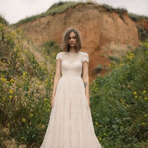 Bohemian lace blush wedding dress image 9