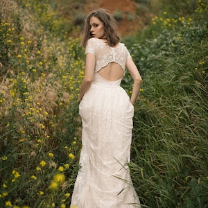 Bohemian lace blush wedding dress image 1