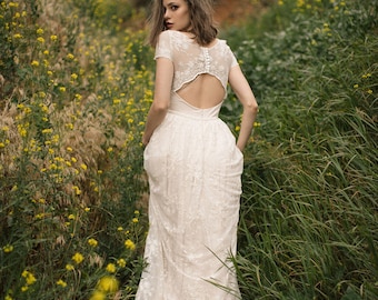 Bohemian lace blush wedding dress