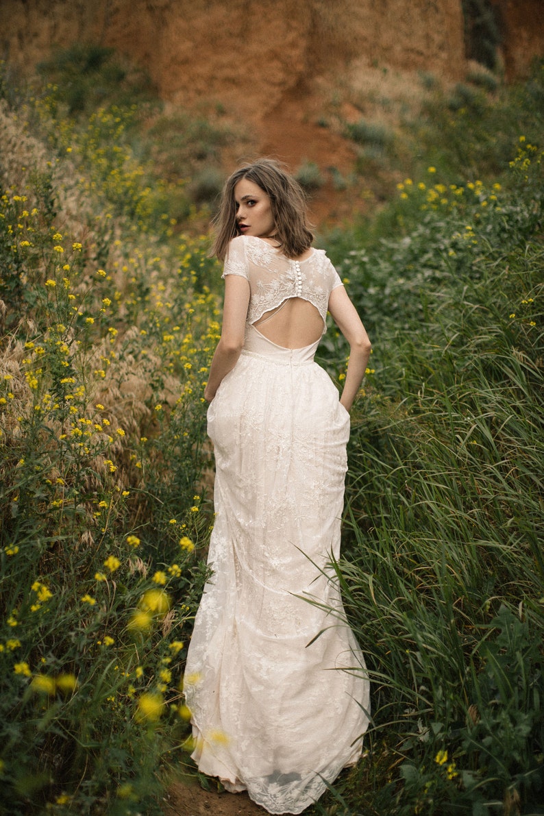 Bohemian lace blush wedding dress image 1