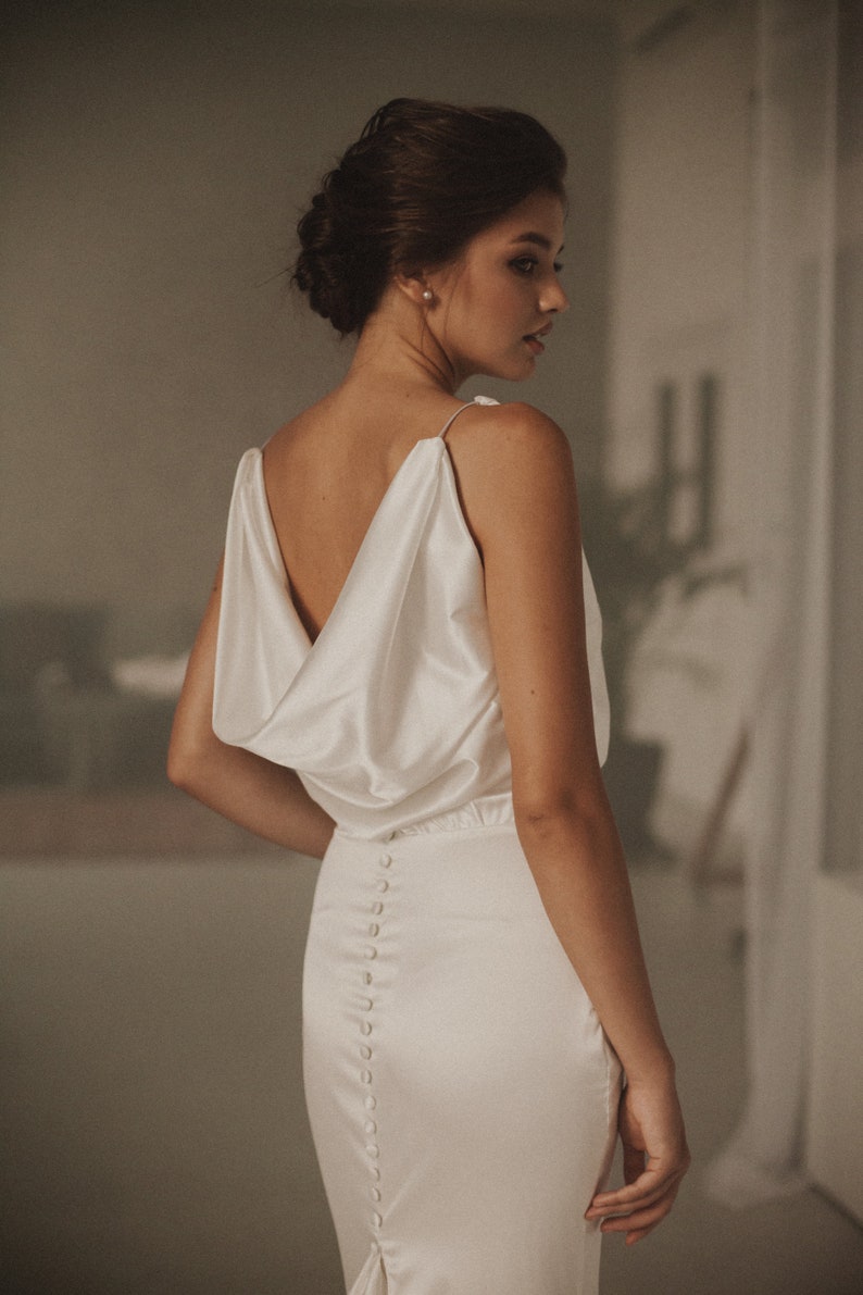 Silk mermaid wedding dress, minimalist elegant wedding dress, Simple sleeveless dress, Cowl wedding dress, luxury wedding dress image 2