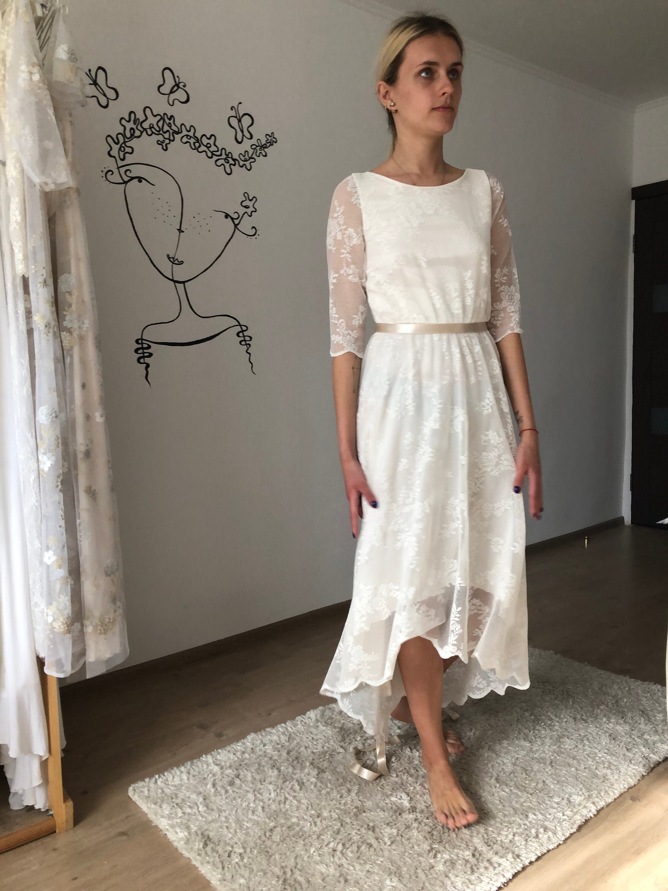Lace Vintage Short Wedding Dress Asymmetrical Wedding Dress | Etsy Lace Vintage Short Wedding Dress Asymmetrical Wedding Dress | Etsy