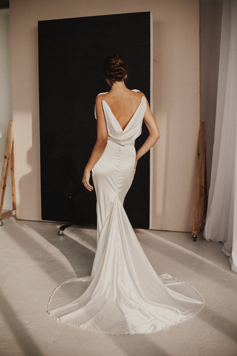 Silk mermaid wedding dress, minimalist elegant wedding dress, Simple sleeveless dress, Cowl wedding dress, luxury wedding dress image 1