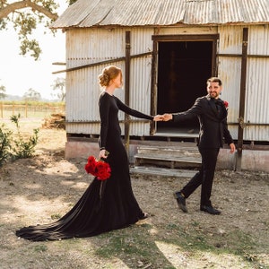 Evening and wedding minimalist simple dress, simple wedding dress with boat neck, open back, full sleeves, black sexy wedding dress image 9