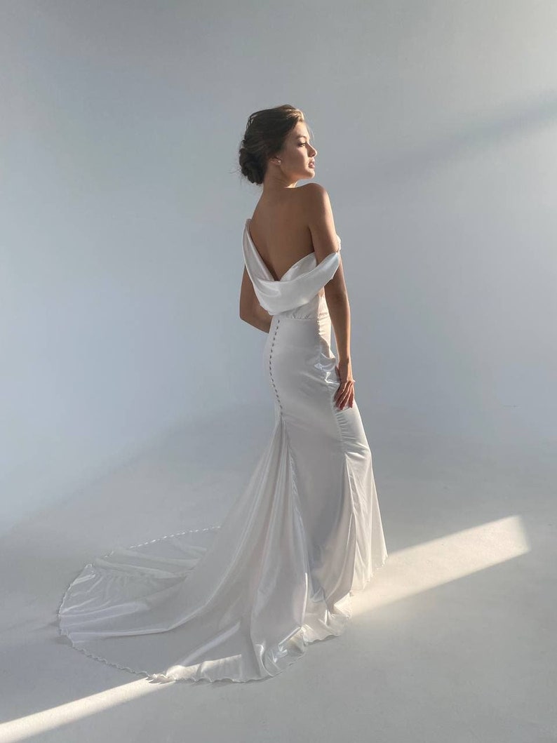 Silk mermaid wedding dress, minimalist elegant wedding dress, Simple sleeveless dress, Cowl wedding dress, luxury wedding dress image 8