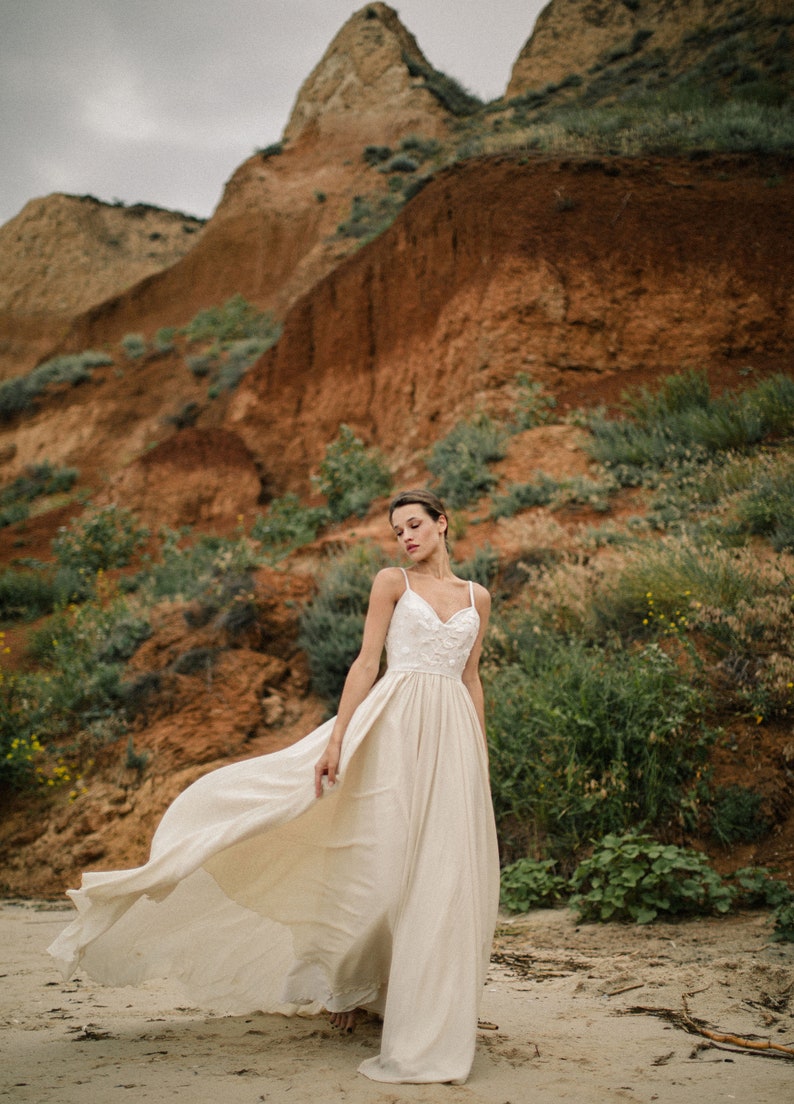 Linen wedding dress with handmade embroidery, ethereal wedding dress, rustic wedding dress, cotton wedding dress, eco friendly wedding dress image 10