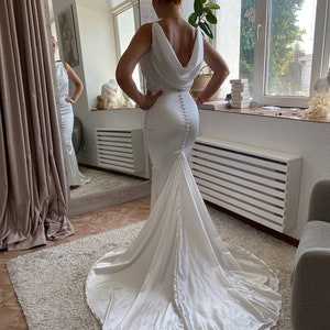 Silk mermaid wedding dress, minimalist elegant wedding dress, Simple sleeveless dress, Cowl wedding dress, luxury wedding dress image 9