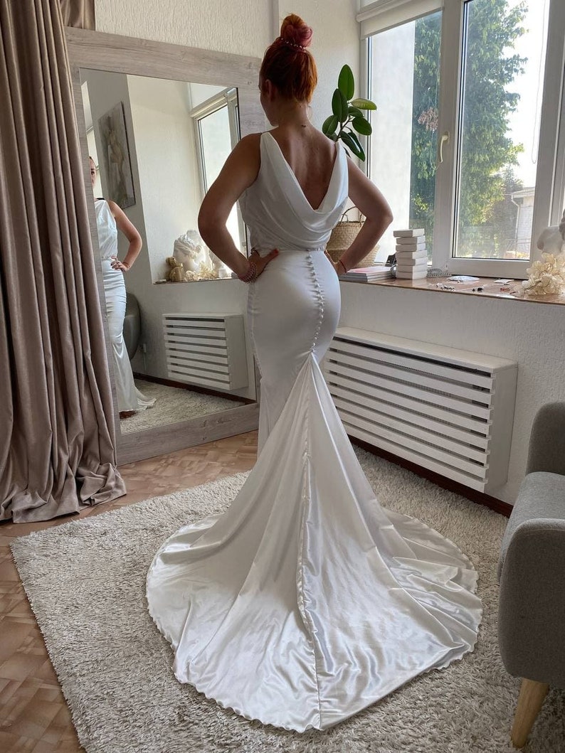 Silk mermaid wedding dress, minimalist elegant wedding dress, Simple sleeveless dress, Cowl wedding dress, luxury wedding dress image 9