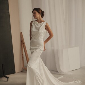 Silk mermaid wedding dress, minimalist elegant wedding dress, Simple sleeveless dress, Cowl wedding dress, luxury wedding dress image 3