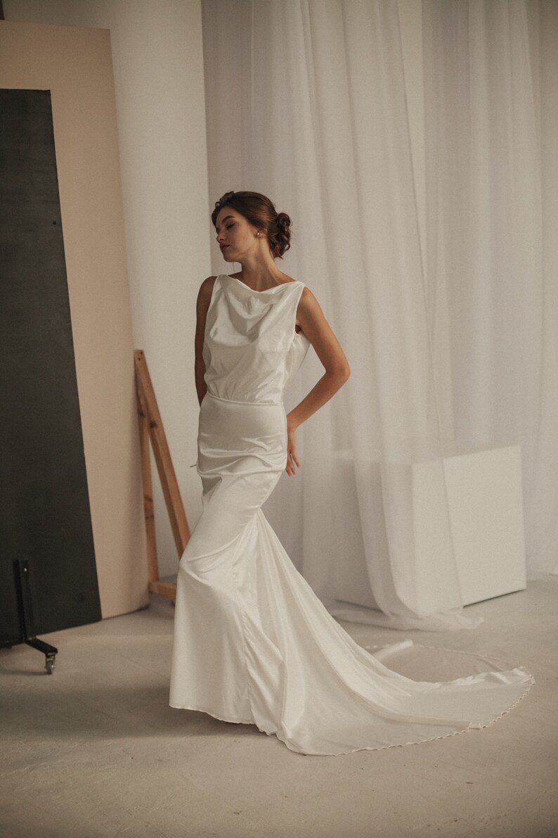 Silk mermaid wedding dress, minimalist elegant wedding dress, Simple sleeveless dress, Cowl wedding dress, luxury wedding dress image 3