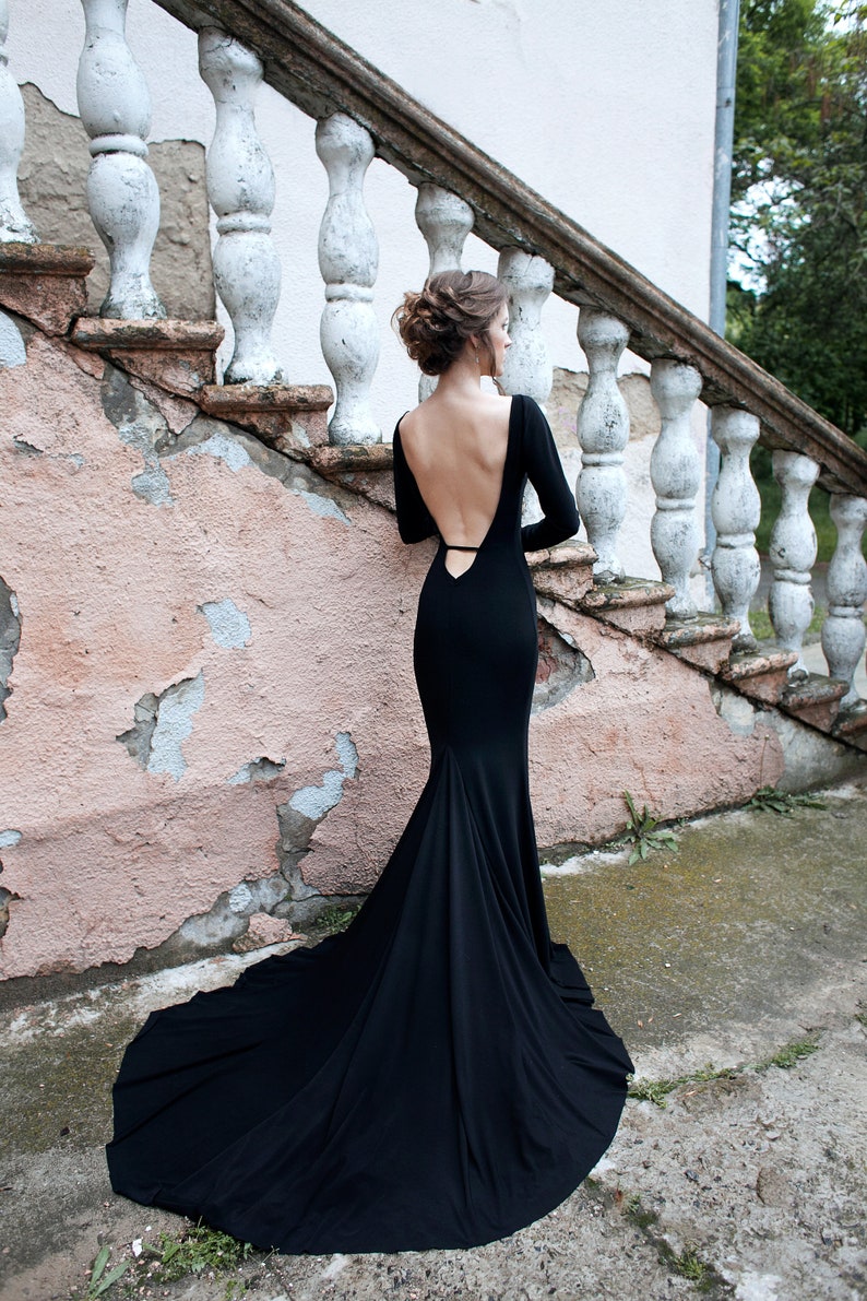 Evening and wedding minimalist simple dress, simple wedding dress with boat neck, open back, full sleeves, black sexy wedding dress image 1