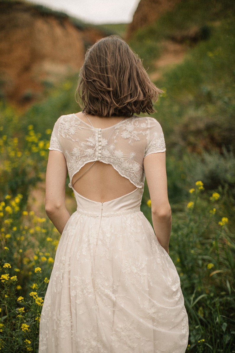 Bohemian lace blush wedding dress image 2