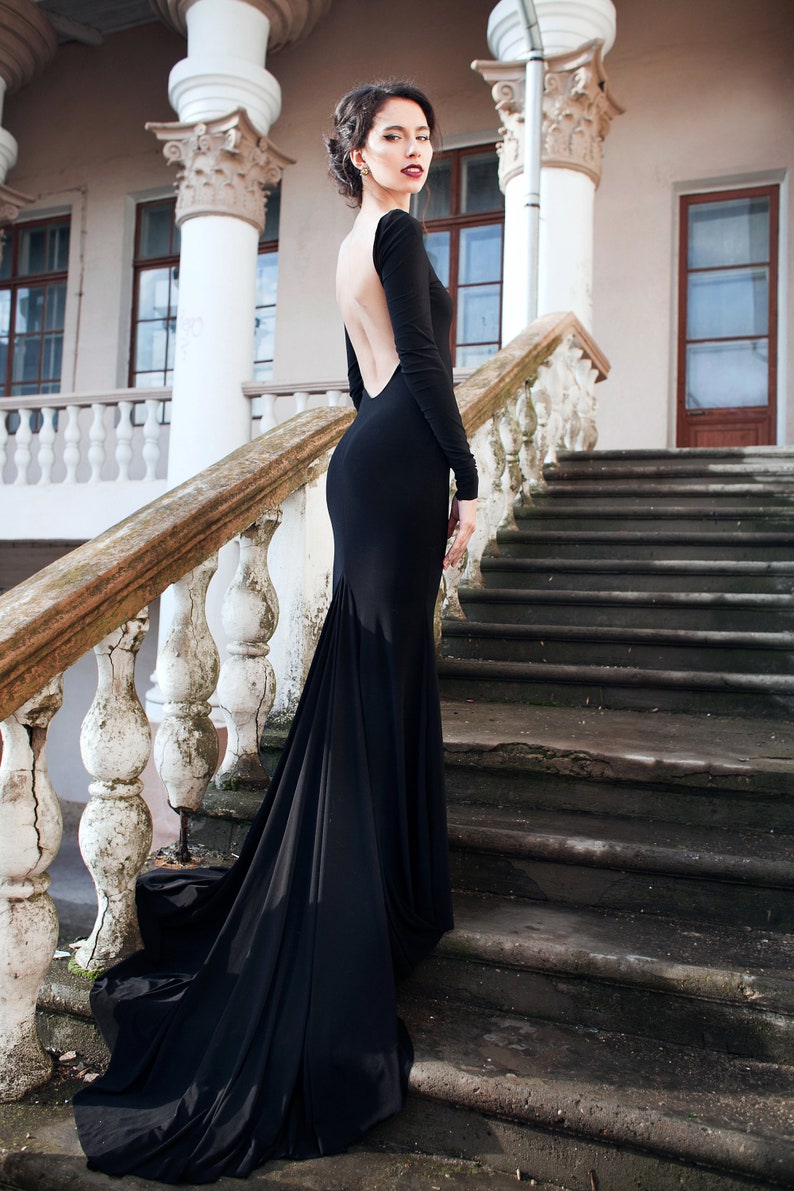 Evening and wedding minimalist simple dress, simple wedding dress with boat neck, open back, full sleeves, black sexy wedding dress image 4