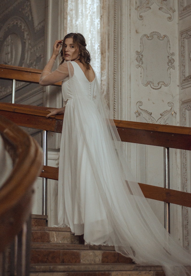 Simple Romantic Wedding Dress With Long Sleeve Minimalist | Etsy