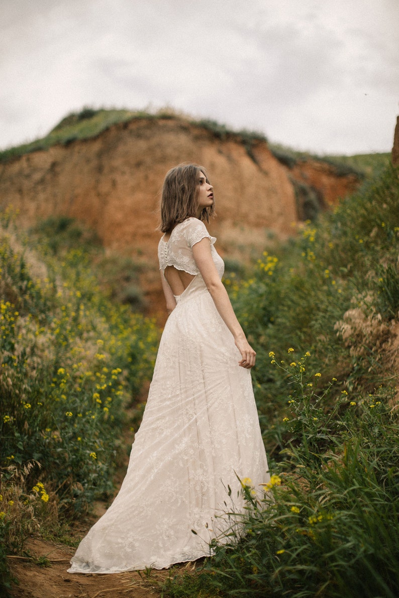 Bohemian lace blush wedding dress image 3