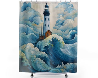 Lighthouse in a Stormy Sea Shower Curtains