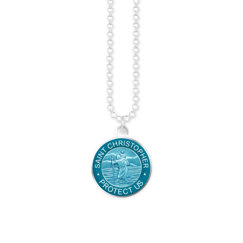 Blest Collar Mediano de San Cristóbal Medalla de Moneda con Talismán Colgante, Charm Unisex. Impermeable y antialérgico. Regalo para protección. Turquoise Blue