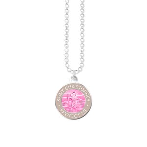 Blest Collar Mediano de San Cristóbal Medalla de Moneda con Talismán Colgante, Charm Unisex. Impermeable y antialérgico. Regalo para protección. White/pink
