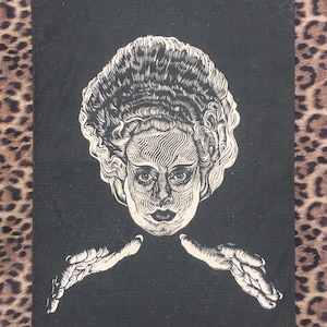 Organic Cotton ‘Bride of Frankenstein’ Tea Towel / Wall Hanging, Original Art by Bad Diva Designs.  Horror, Vintage, Frankenstein, Gift.