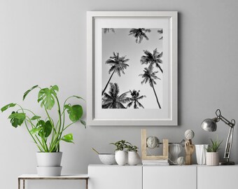 Palm Tree Skies digital print by Lustprint - instant download, black and white monchrome tropical palm tree photography poster print image